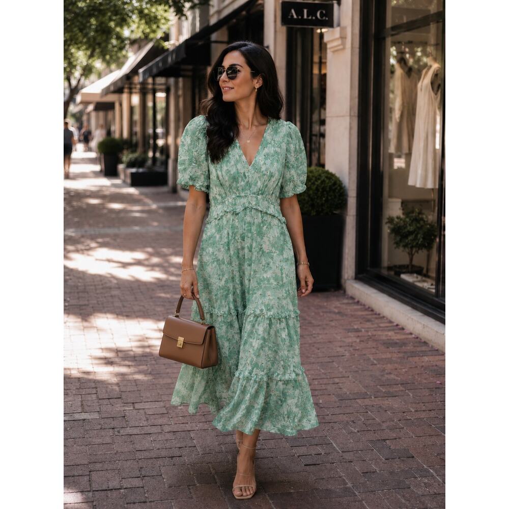 SHOSHANNA Mint Green Gold Flecked V-Neck Short Sleeve Ruffle Selene Dress size 6
